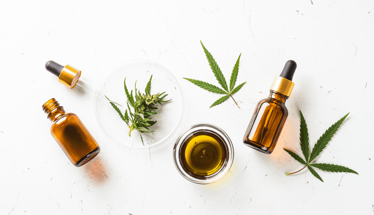 Cannabis Blätter und Extrakte auf einem weißem Hintergrund